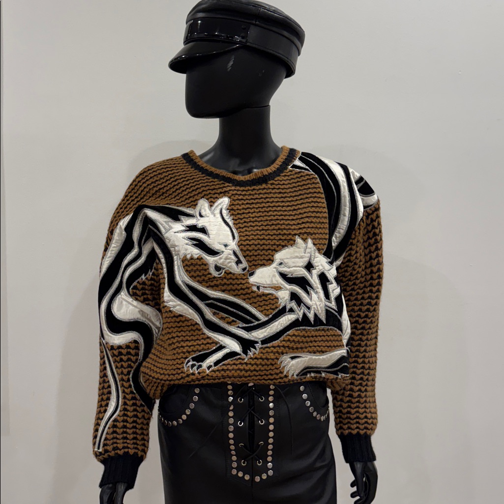 Zadig & Voltaire Deluxe Oversized Wool Alpaca Sweater Dragon Wolf Appliqu S